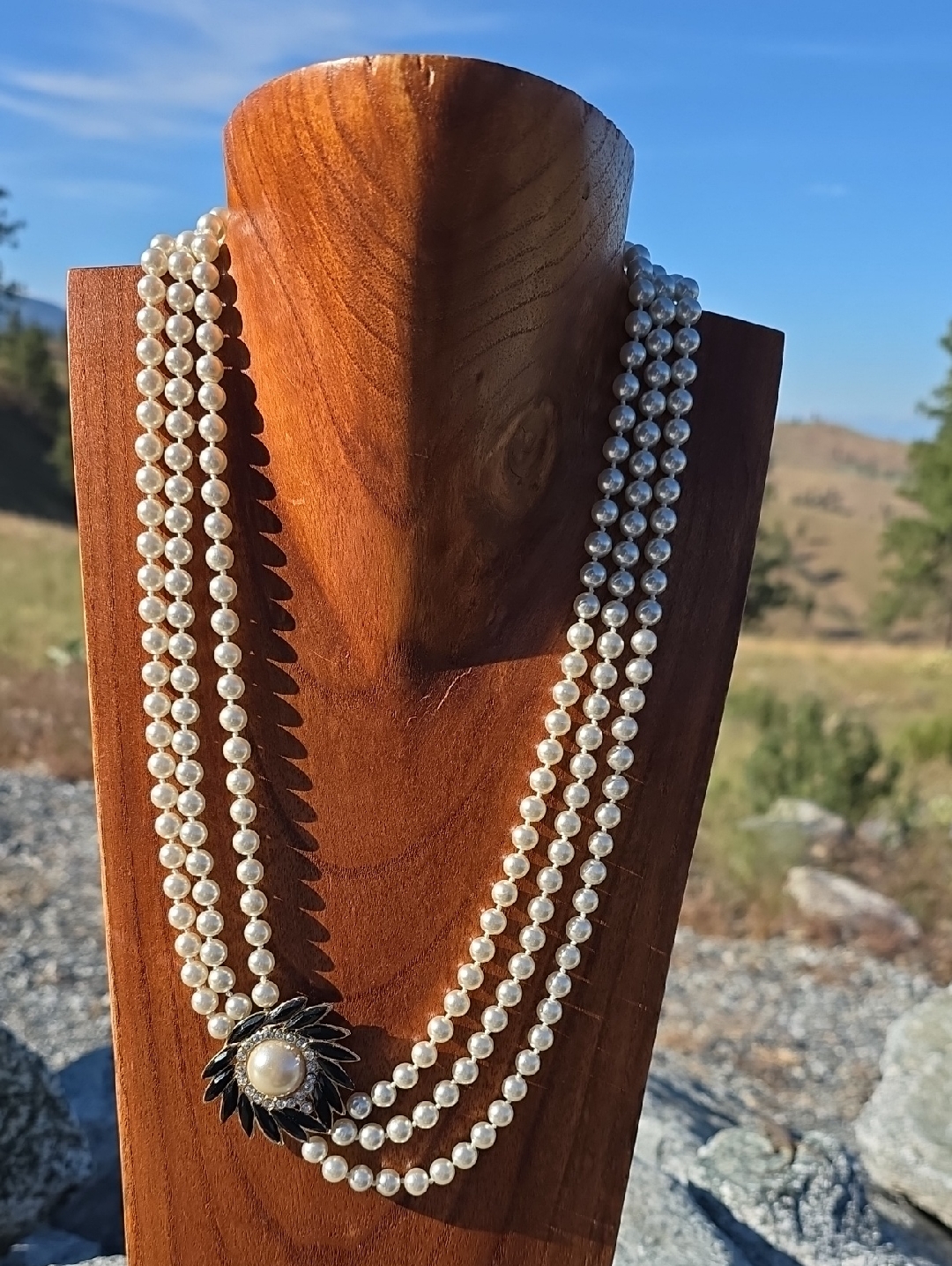 Triple-Strand White Faux Pearl Necklace With Crystal Floral Accent